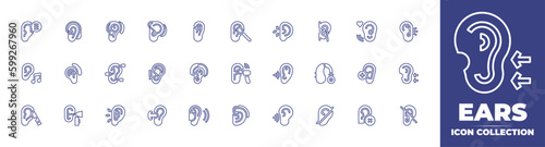 Fototapeta Naklejka Na Ścianę i Meble -  Ears line icon collection. Editable stroke. Vector illustration. Containing hearing, hearing aid, in ear headphones, ear, earache, music, ear plug, hearing test, otitis, deaf, deafness, and more.