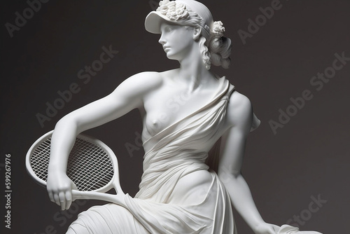 Marble statue of an ancient Greek goddess doing sports on pastel background. Tennis player sculpture. Beauty standards, ideal body, sports activity, fitness, sports advertising concept. AI generated photo