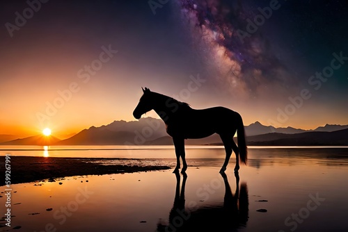 Horse silhouette facing right with mountain range and colored sky in background. Christmas holiday. Generative AI © Pixel Matrix