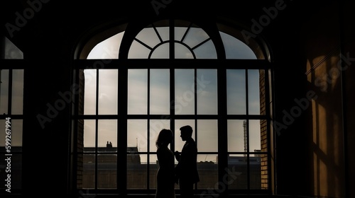 Couple in love, with a large window in the background, silhouette. Valentine's Day. The power of love. IA Generated © Imagination Stock