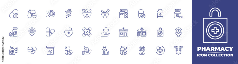 Pharmacy line icon collection. Editable stroke. Vector illustration. Containing drugs, drug, pharmacy, mortar, tablets, medicine, medicines, cross, drugstore, pills, syrup, vitamin, and more.