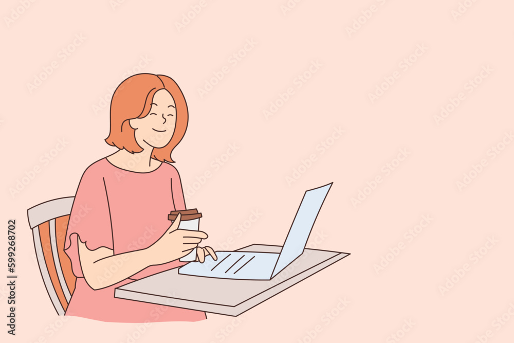Freelance. woman sitting and working at home. with computer schoolgirl lifestyle illustration vector hand drawn Freelance. woman sitting and working at home. with computer schoolgirl lifestyle illustration vector hand drawn
