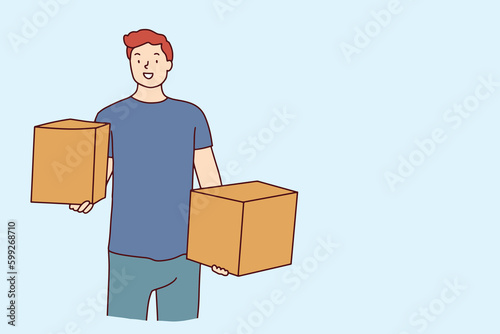 line art worker lifting boxes in warehouse store packing delivery worker hand drawn illustration vector simple