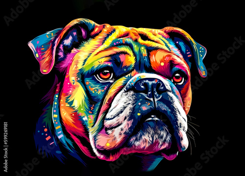 Bulldog colorful portrait a dog on a black background.. Generative AI.