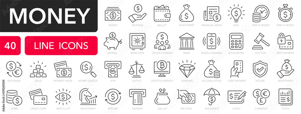 Money line icons set. Money payments elements outline icons collection. Payments elements symbols. Currency, money, bank, check, law, payment, wallet, piggy, balance, safe - stock vector. - obrazy, fototapety, plakaty 
