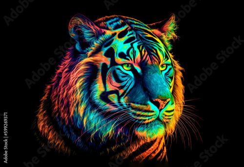 Tiger head with colorful lights isolated on black background. Generative AI.