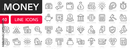 Money line icons set. Money payments elements outline icons collection. Payments elements symbols. Currency, money, bank, check, law, payment, wallet, piggy, balance, safe - stock vector.