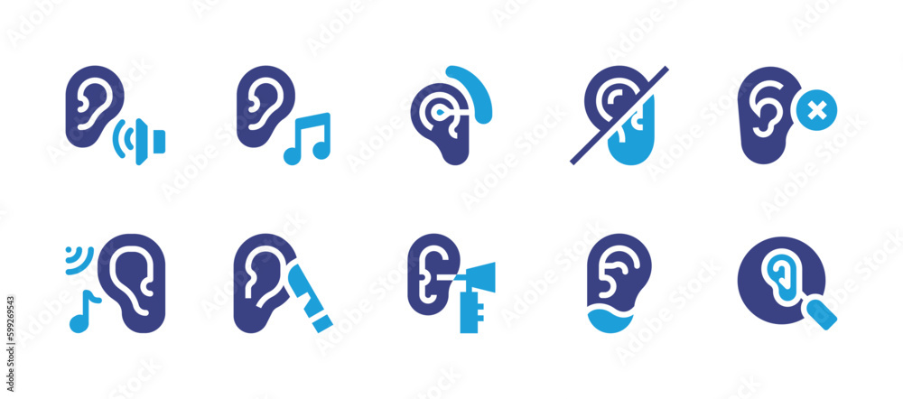 Ears icon set. Duotone color. Vector illustration. Containing sound, music, hearing aid, cant hear, deaf, ear. - obrazy, fototapety, plakaty 