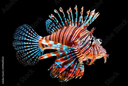 Red Lionfish isolated on black background. Generative AI. photo