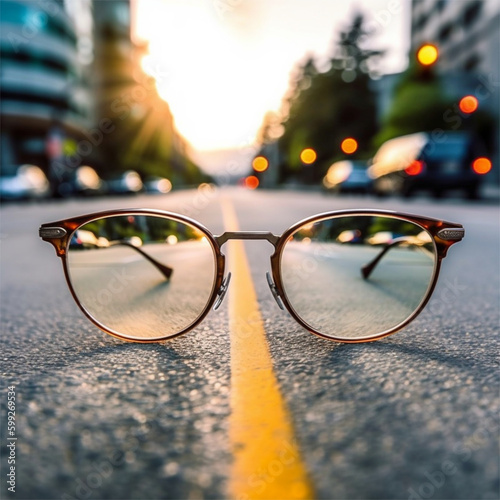 Óculos de grau no asfalto de uma estrada ao entardecer com uma luz dourada criado por IA photo