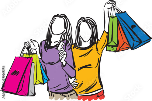 shopping teens teenagers women friends friendship having fun shopping bags vector illustration