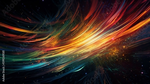 Abstract depiction of energy and motion with vibrant streaks of light and dynamic shapes in a cosmic setting