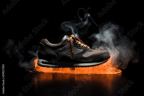 Running Shoe On Fire With Smoke Black Background With Copy Space Generative AI photo