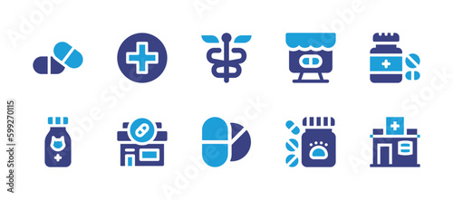 Fototapeta Naklejka Na Ścianę i Meble -  Pharmacy icon set. Duotone color. Vector illustration. Containing pharmacy, online pharmacy, medicine, pill.