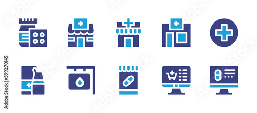 Pharmacy icon set. Duotone color. Vector illustration. Containing medicine, pharmacy, online pharmacy. © Huticon