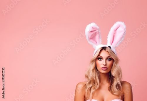 Easter Costume Creativity: A Playful and Whimsical Scene with a Girl in a Bunny Bikini and Bunny Ears, Set Against a Fun and Festive Pink Background.