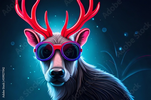 Neon cyberpunk reindeer portrait with sunglasses. Christmas holiday. Generative AI