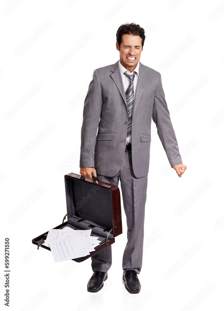 Not again. Full-length of a young executive grimacing as all his documents fall from briefcase. Not again. Full-length of a young executive grimacing as all his documents fall from briefcase.