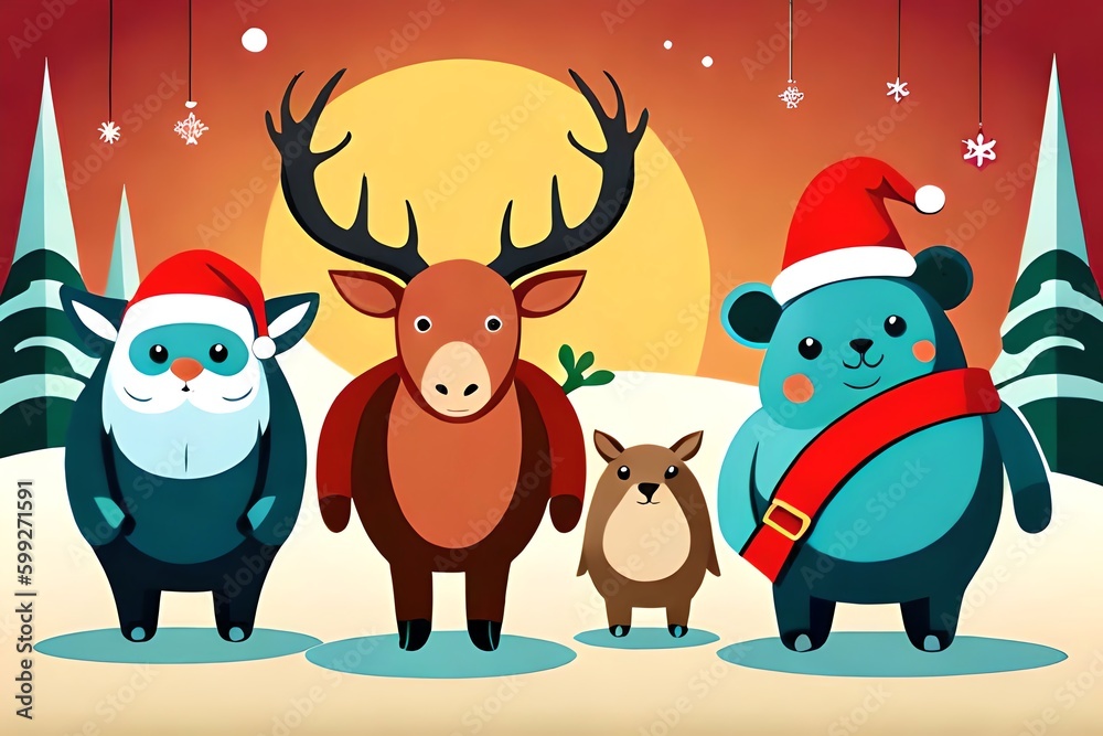Vector illustration of various horned animals for Christmas design. Christmas holiday. Generative AI