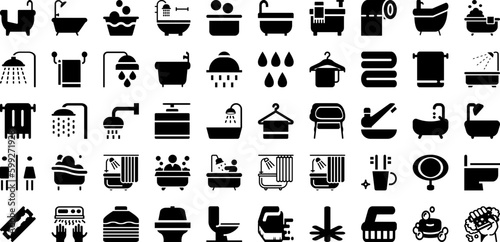Bathroom Icon Set Isolated Silhouette Solid Icons With Symbol, Toilet, Icon, Set, Bathroom, Vector, Sign Infographic Simple Vector Illustration