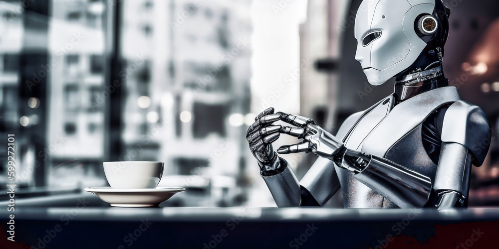 Robot android cyborg waiter serving new technology concept. Humanoid holding a cup of coffee, futuristic restaurant or office background. Generative AI Robot android cyborg waiter serving new technology concept. Humanoid holding a cup of coffee, futuristic restaurant or office background. Generative AI