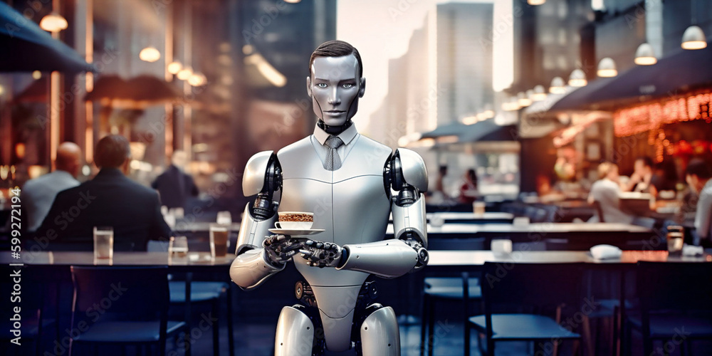 Robot android cyborg waiter serving new technology concept. Humanoid holding a cup of coffee, futuristic restaurant or office background. Generative AI Robot android cyborg waiter serving new technology concept. Humanoid holding a cup of coffee, futuristic restaurant or office background. Generative AI