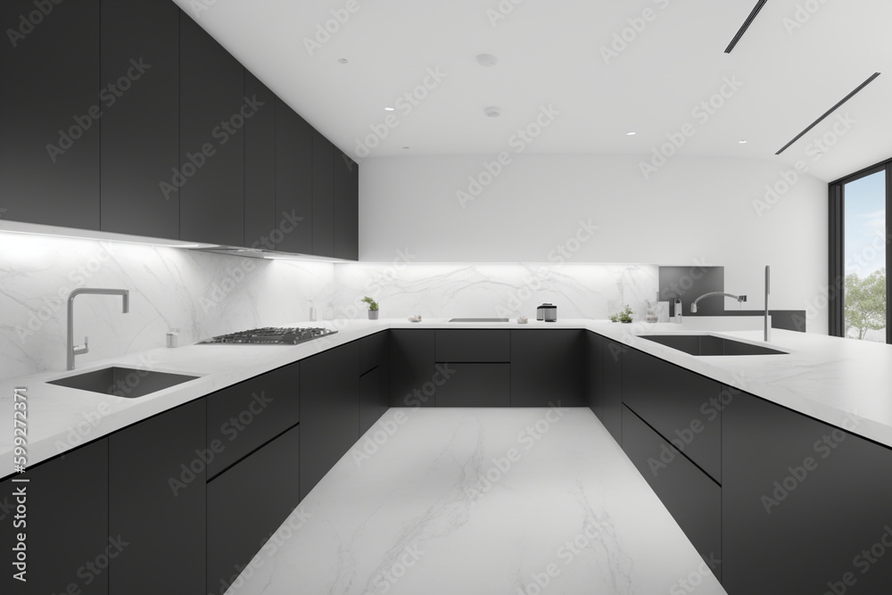 modern minimalist kitchen interior with premium quality appliances, natural lighting, and a clean design. Generative AI