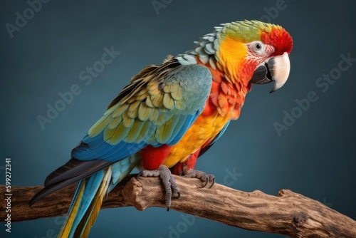 Exotic Feathery Friend. Marvel at the stunning hues of the parrot, gracefully perched on a branch, against a blue background. Copy space. Nature concept AI Generative