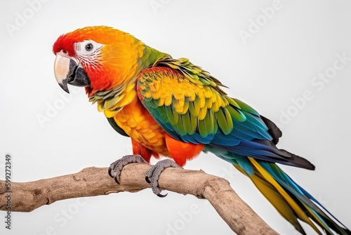 Exotic Feathery Friend. Marvel at the stunning hues of the parrot  gracefully perched on a branch  against a white background. Copy space. Nature concept AI Generative