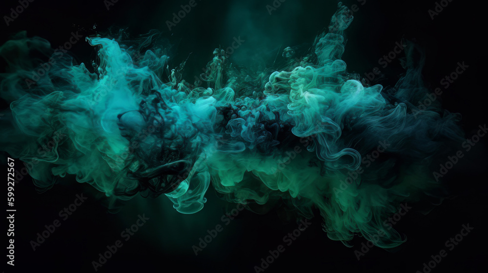 Color mist. Ink water. Haze texture. Fantasy night sky. Blue green shiny  glitter steam cloud blend on dark black abstract art background. Stock  Photo