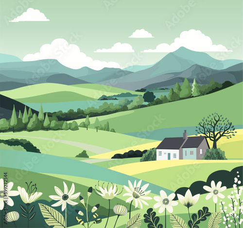 A rural landscape background of rolling hills and mountains. Fields, farm land and trees with a cottage or farmers house. Flowers in the foreground.