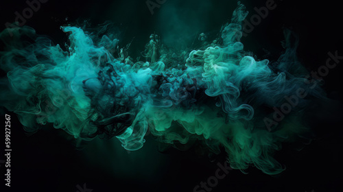 Color mist. Ink water. Haze texture. Fantasy night sky. Blue-green shiny glitter steam cloud blend on dark black abstract art background