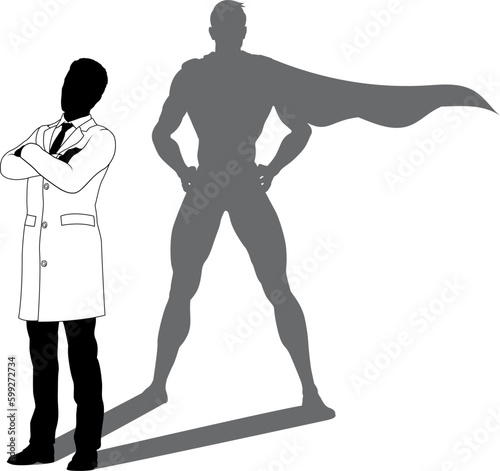 A superhero male scientist  engineer  doctor or teacher in a lab white coat man. Revealed by his shadow silhouette as a super hero in a cape.