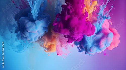 Paint drop. Ink water. Color explosion. Blue pink purple yellow fluid splash glitter dust texture vapor cloud abstract art background