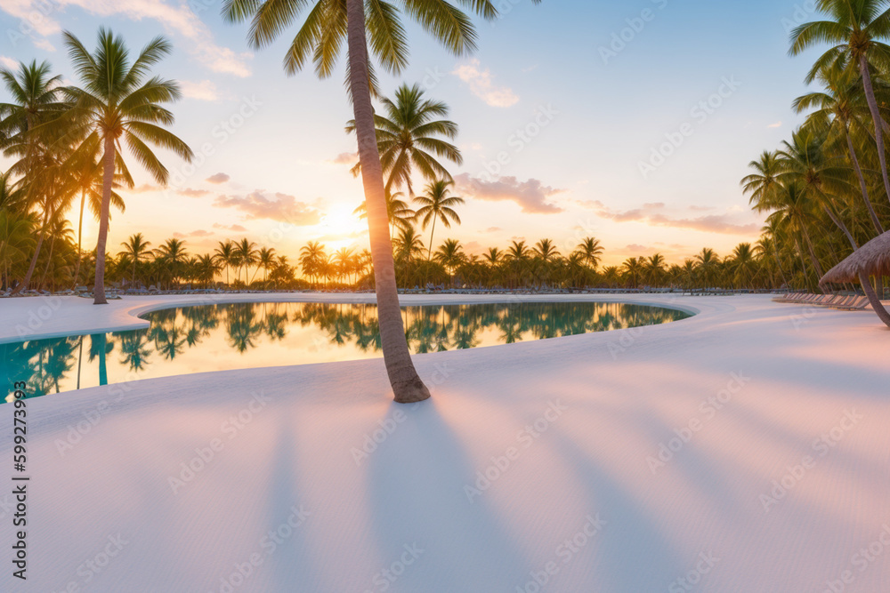 tranquil tropical beach at sunset, featuring pristine white sand. Generative AI