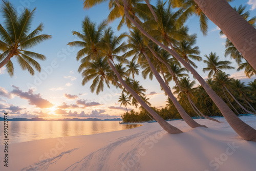 tranquil tropical beach at sunset  featuring pristine white sand. Generative AI