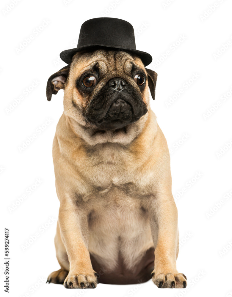 Front view of a Pug puppy wearing a top hat, sitting, 6 months old, isolated on white