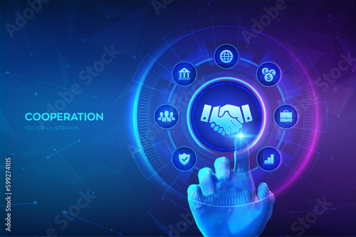 Cooperation, Partnership technology concept on virtual screen. Business partnership. Global cooperation network. Internet communication. Teamwork. Hand touching digital interface. Vector illustration.