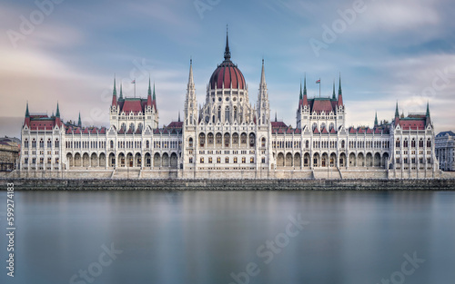 The Hungarian Parliament Building From The Opposite Side of The Danube River. Long Exposure.