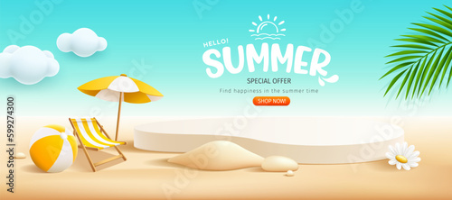 Fotografia, Obraz Podium Summer display, pile of sand, flowers, coconut tree, beach umbrella, beac