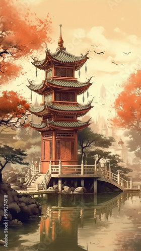 Ancient Architecture in Chinese Style Painting,created with Generative AI tecnology. © henvryfo