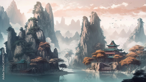 Ancient Architecture in Chinese Style Painting,created with Generative AI tecnology.