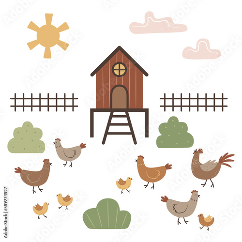 Set of objects and birds. Poultry yard with hens, roosters and chicks. Doodle art. Simple isolated vector clipart. Chicken coop, fence and bushes for a farm or ranch. Flat design elements.