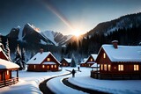 Santas Village Behind Mountains Surrounded By Trees And Snow (Digital Matte Painting). Christmas Eve. Generative AI