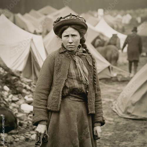 Canvas Print Portrait of settler woman in the 1800s with tents in the background