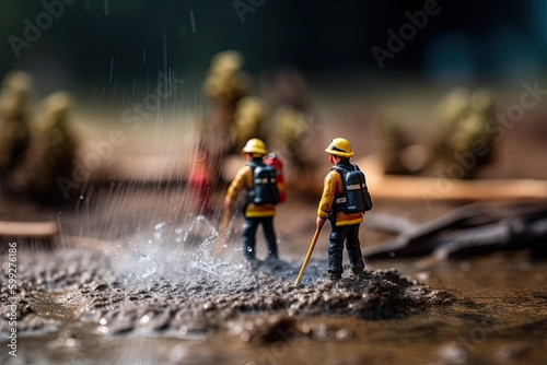 Miniature people figurines of firefighters in the middle of the water and burnt logs after a forest fire, created with Generative AI