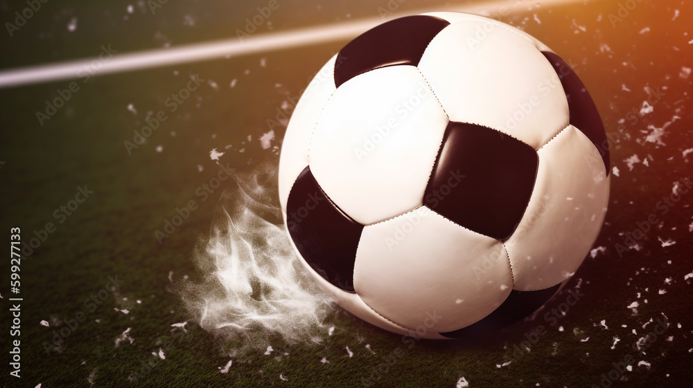 Fototapeta premium Black and whithe soccer ball on green grass ai generative