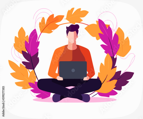 man with laptop sitting outside with beautiful landscape in background. Sunrise, mountains and pink sky. Freedom, working late and workaholic concept. Vector illustration.