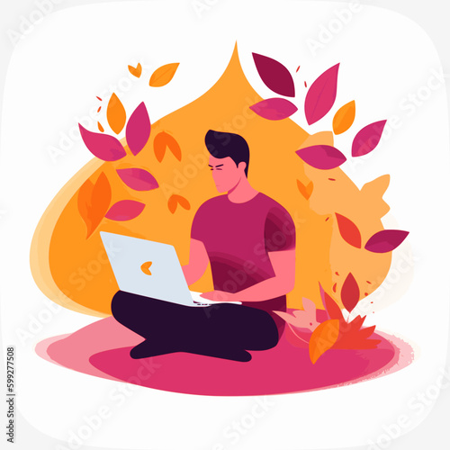  man working remotely from tropical beach. Freelancer guy using laptop chats and surfs internet. Worcation and freedom from office concept. Colored flat vector illustration
