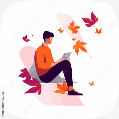 Young man outdoor with laptop vector illustration. Male model sitting on grass cartoon character. Guy using PC for study, work, leisure flat drawing. Freelance, remote job, studying design element